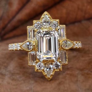 1.20 CT Emerald Cut Vintage Bridal Engagement Ring Baguette wedding ring Unique art deco ring Pear diamond halo ring Starburst ring For Her