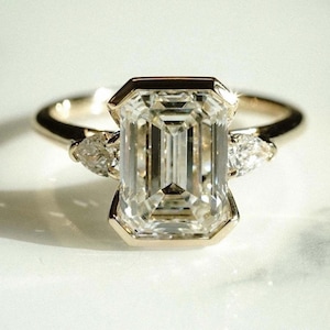 3 CT Emerald Cut Moissanite Ring: Pear Diamond Sterling Silver Engagement Ring