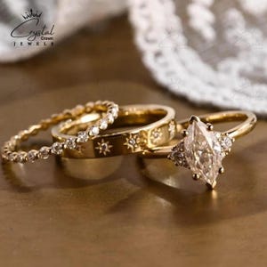 Art Deco Moissanite Wedding Ring Set: 14k Gold Bridal Trio