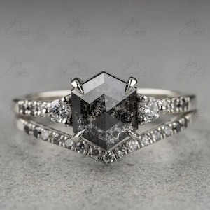 Black Speckled Hexagon Salt And Pepper Diamond 14K Solid Rose White Yellow Golf Ring Engagement Ring 14k Solid Gold Wedding Ring For Women