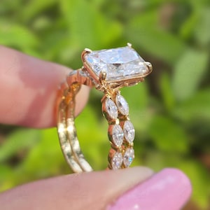 2.5 CT Radiant Cut Moissanite Ring, Full Eternity Matching Wedding Band, Marquise Hidden Halo Bridal Ring Set, Anniversary Gift For Women
