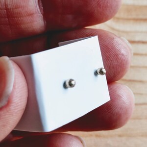 May include: A pair of silver stud earrings with a small, round, textured design. The earrings are displayed on a white card.