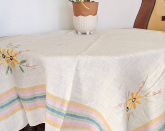 20世紀初頭のリネン製テーブルクロス、花柄刺繍、ピンク、緑、青の