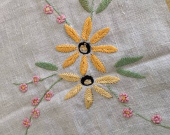 ヴィンテージ刺繍クロス　リネン　花柄刺繍テーブルクロス テーブルクロス リネン 草花刺繍のリネンテーブルクロス リネン