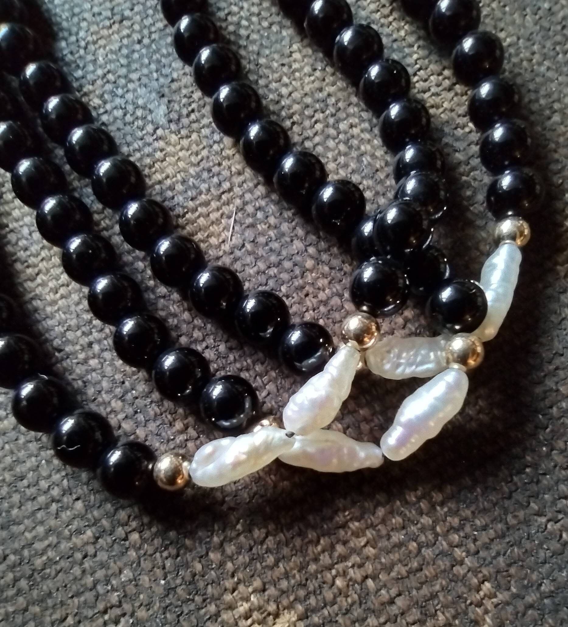 Onyx 14k Rice Pearl Necklace 3 Strand 