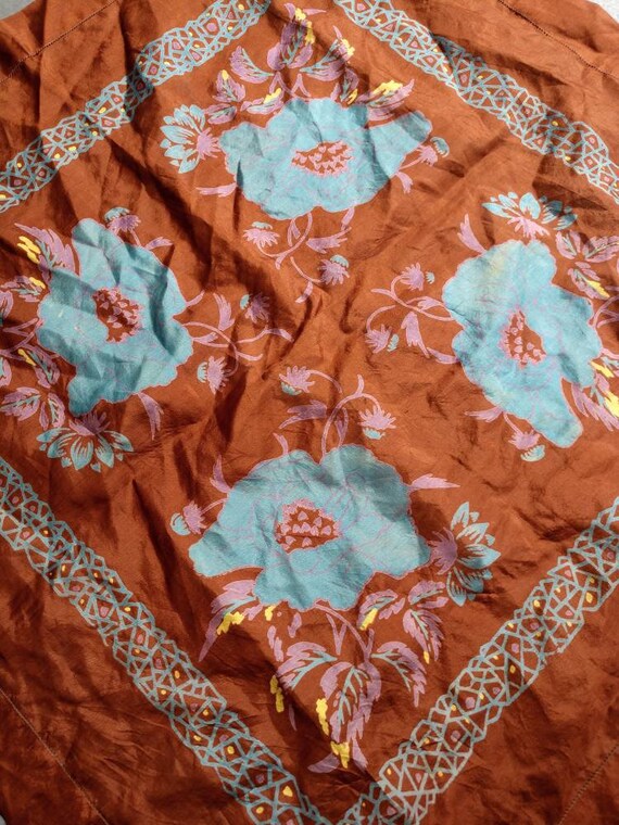 Hand printed silk scarf brown blue square floral - image 3