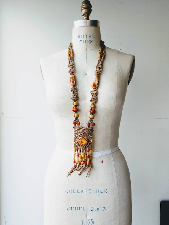 Macrame statement necklace 70's orange beaded han… - image 1