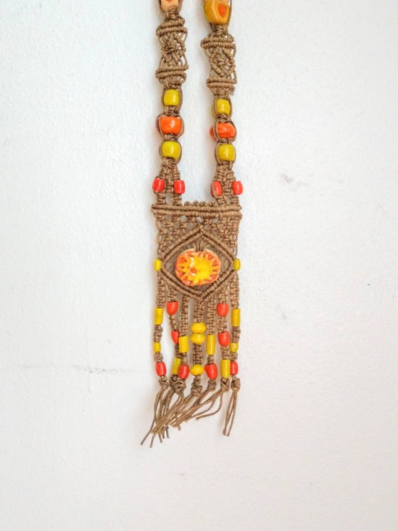 Macrame statement necklace 70's orange beaded han… - image 9