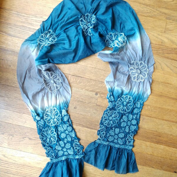 Shibori silk scarf indigo blue traditional Japanese dye crinkle floral stretch ruched gray long 16 x 108 inch