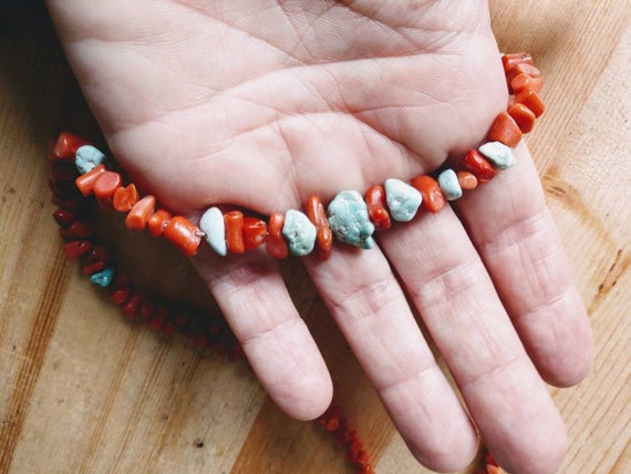 Coral turquoise beaded choker necklace - image 1