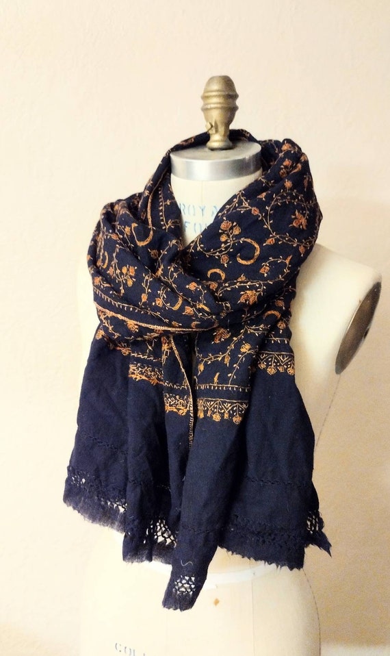 Navy Sozni shawl pashmina with hand embroidery