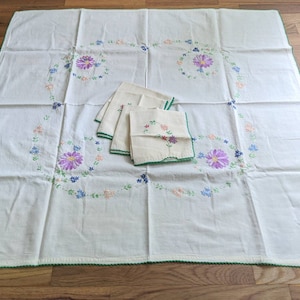 Hand embroidered napkin set of 4 floral unbleached muslin 13 x 13 inch tablecloth