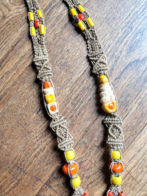 Macrame statement necklace 70's orange beaded han… - image 7