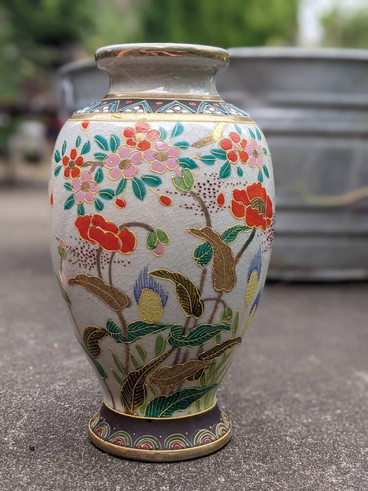 Japanese Vase Floral Hand Painted Mid Century Gold Bright