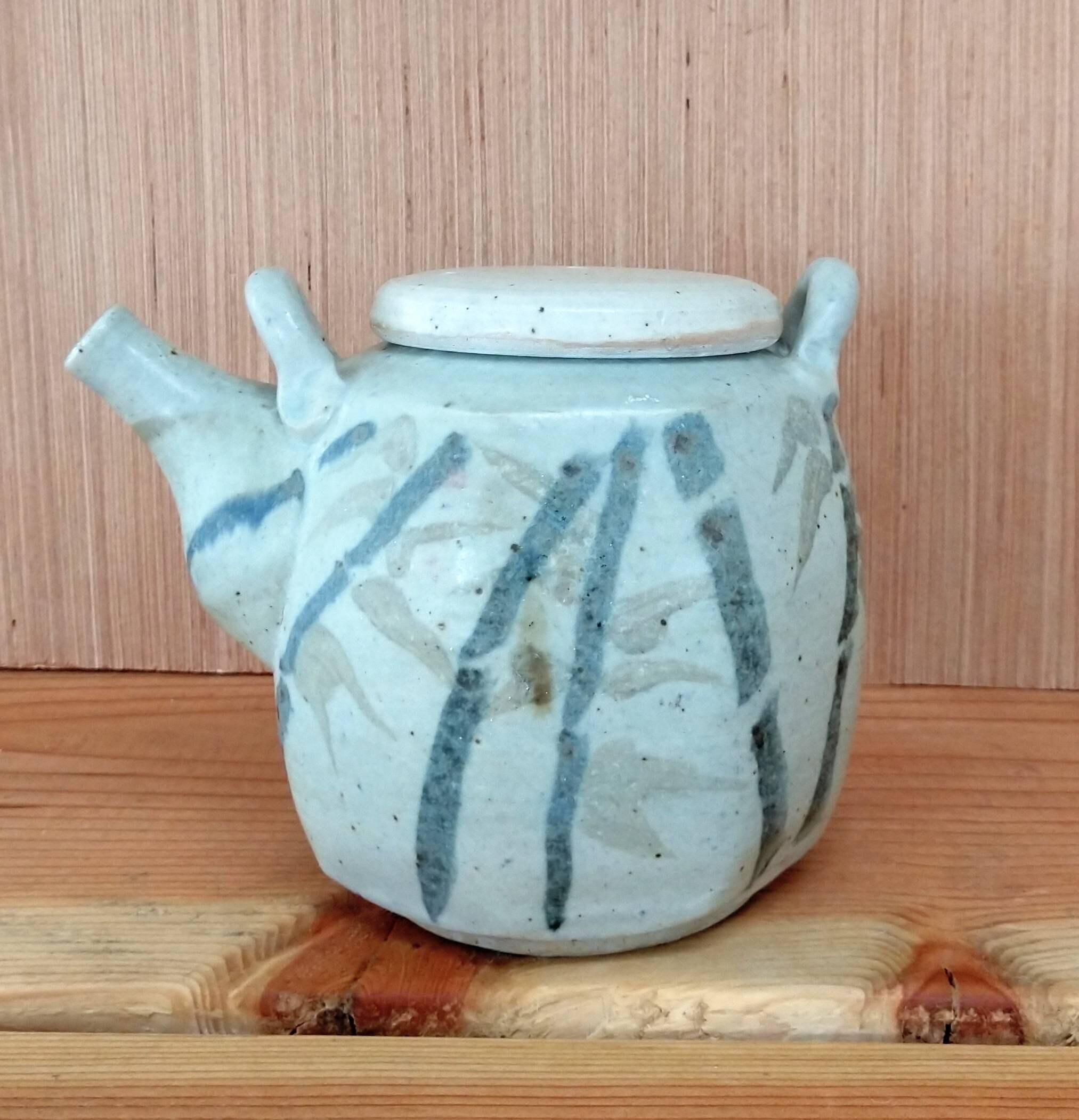 Studio pottery teapot artisan hand made bamboo pattern Wabi Sabi signed stoneware pale gray blue
