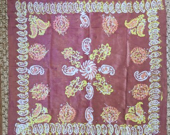 Hand printed silk scarf carré 32 inch traditional folk artisan rosy mauve mustard