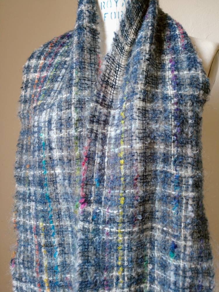 Mohair Handwoven Scarf Muffler Blue Multi Color Nubby Weave