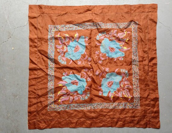 Hand printed silk scarf brown blue square floral - image 2