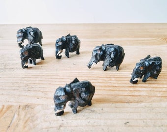 Tiny ebony elephants set of six hand carved folk craft traditional rustic 20 x 30 mm