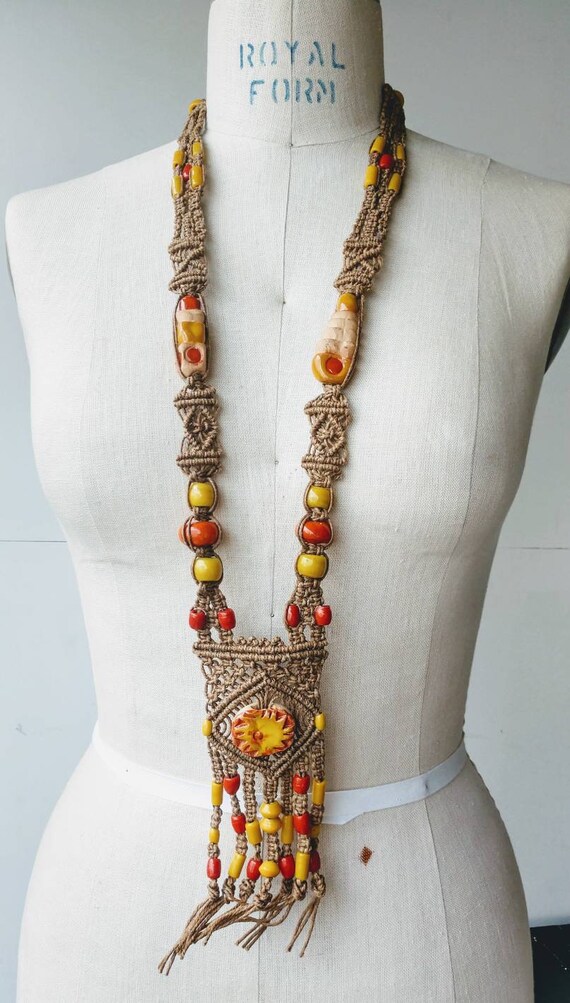 Macrame statement necklace 70's orange beaded han… - image 8