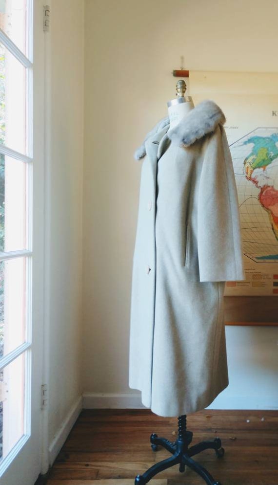 Midcentury fur trimmed wool coat gray beige S/M 50