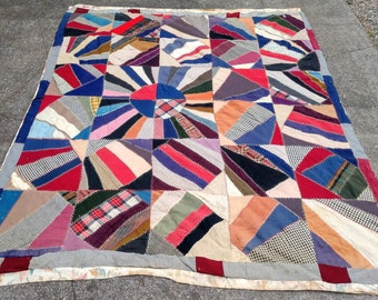 1800&#39;s crazy quilt wool silk 72 x 85 inch