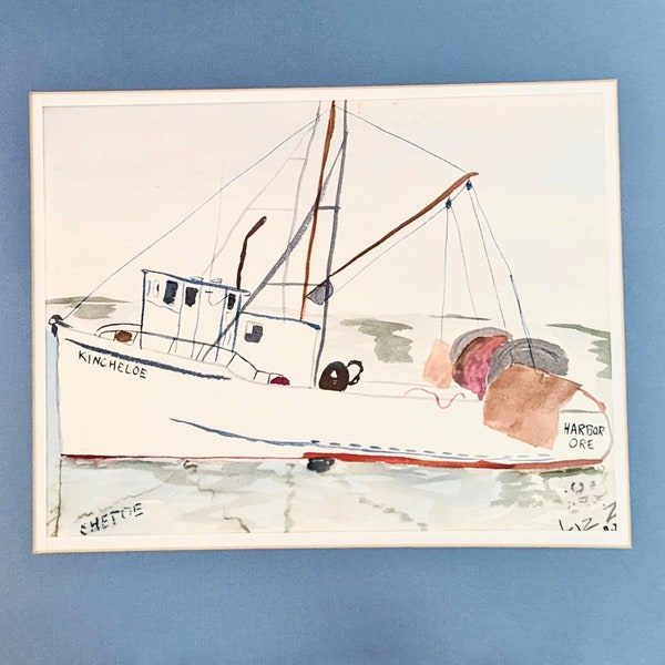 Original outsider fishing boat watercolor folk art 80's