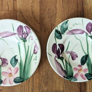 Hand painted studio pottery iris flower small plates signed set of 2 purple green