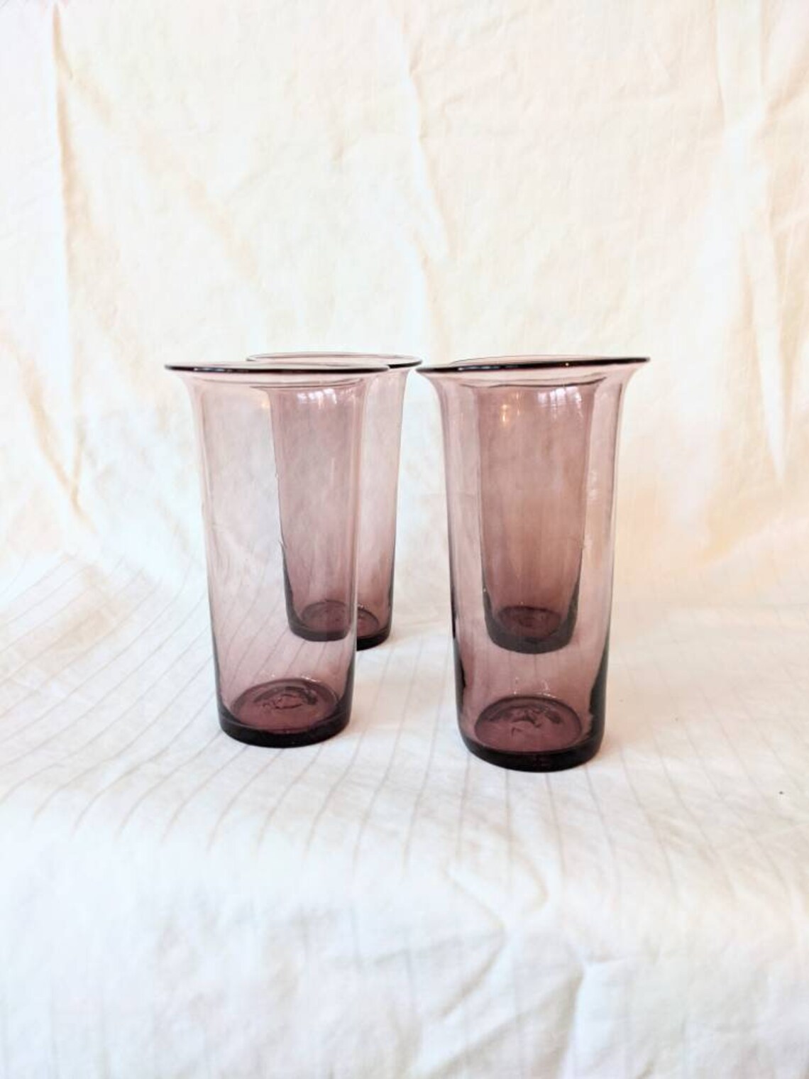 Hand Blown Purple Glass Tall Cups Wide Rim Fluted Handmade Set Etsy