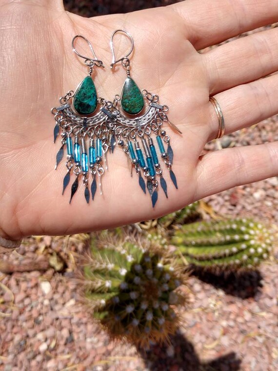 Dangle Hippie Earrings Green Stone Chandelier Blue Beads Turquoise