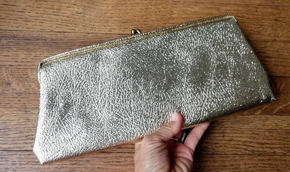 Gold vinyl clutch evening bag 1960's Midcentury p… - image 2