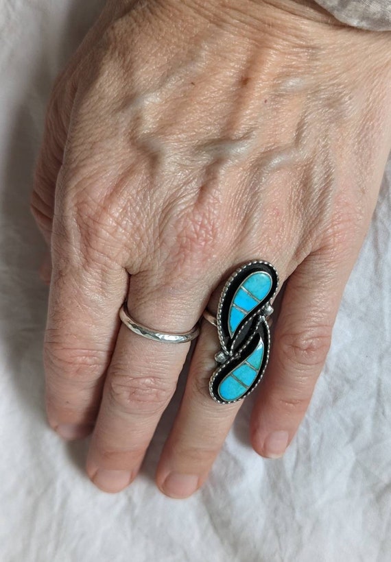 Zuni turquoise inlay ring double drop US 6.25