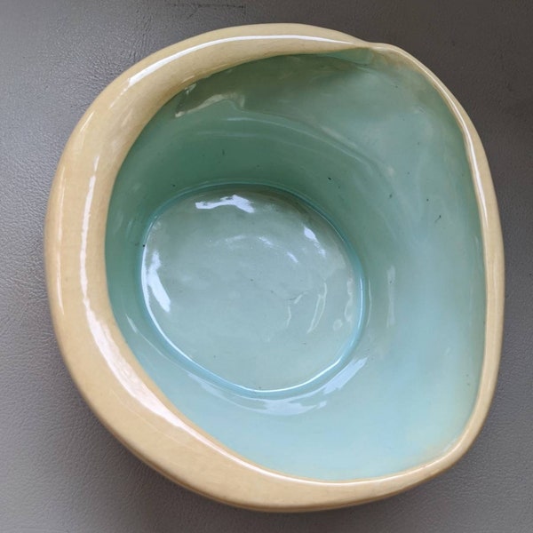 Abstract bowl pale green beige handmade 5 inch