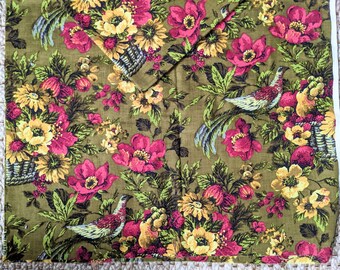 Floral cotton upholstery fabric bird roses romantic green pink 54&quot; wide 88 inches