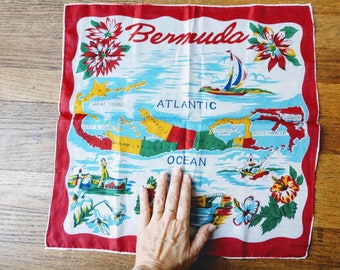 Silk souvenir scarf Bermuda fifties Midcentury 16.5 x 16.5 inch sheer travel vintage