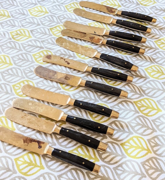 Gold Brass and Black Horn Small Knives Set of Eleven 5.25 Inches