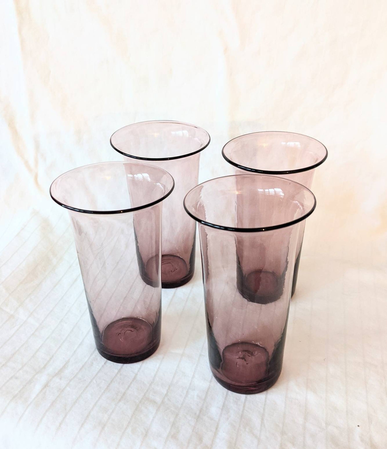 Hand Blown Purple Glass Tall Cups Wide Rim Fluted Handmade Set Etsy