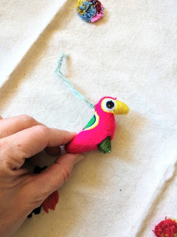 Huichol yarn ornament bird figurine bright Mexican sculpture  3D pink neon colorful tiny mexchic
