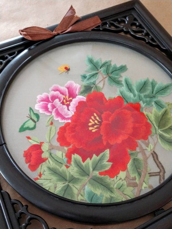 蜀刺繍牡丹シルク円形木製回転フレーム中国伝統 10 x 10 インチ - Etsy