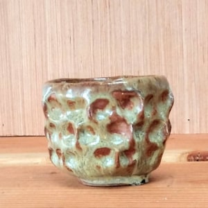 May include: A handmade ceramic cup with a textured, dimpled surface. The cup features a blend of earthy tones, including brown and green, with a glossy finish. The cup is a unique piece of pottery.