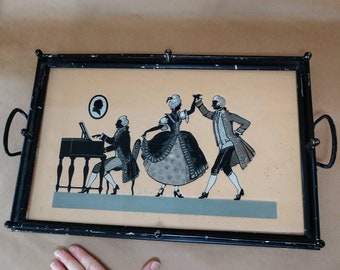 Reverse glass painting silhouette 18th century scene German metal tray 11 x 17 inch