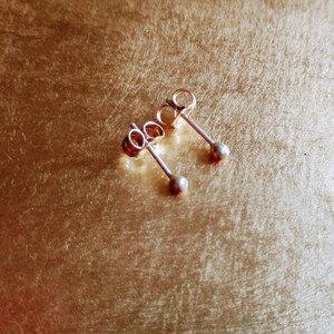 May include: A pair of silver stud earrings with a small round ball at the end of each post.