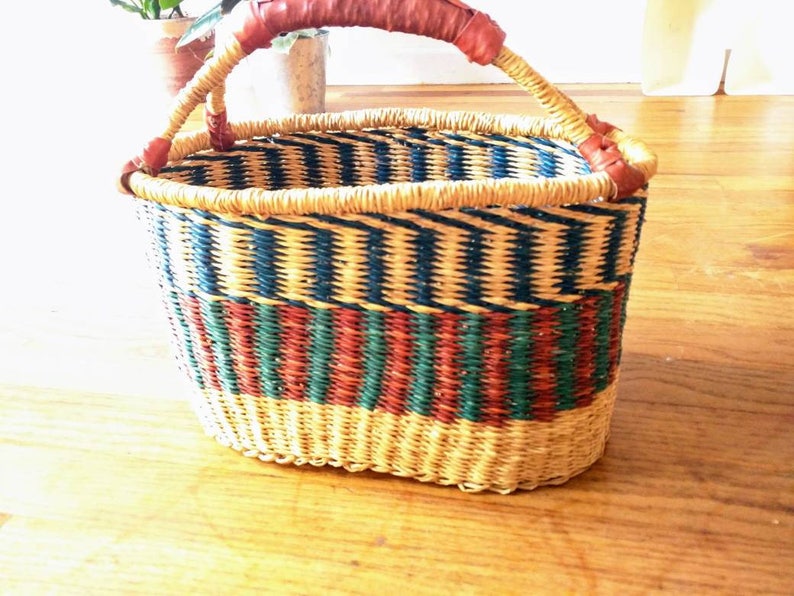 African market basket tote teal rust blue leather handle 12 wide 11 tall 7 deep oblong tribal global ethnic boho decor carry