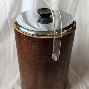 Midcentury wood ice bucket tall lucite handle Thermos lined