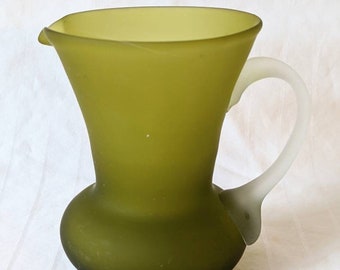 Hand blown tiny pitcher avocado green frosted matte glass
