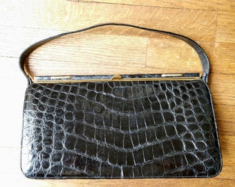 Midcentury Handtasche schwarz Krokodilklemmen verstecken Verschluss oben 60 Glam schicken