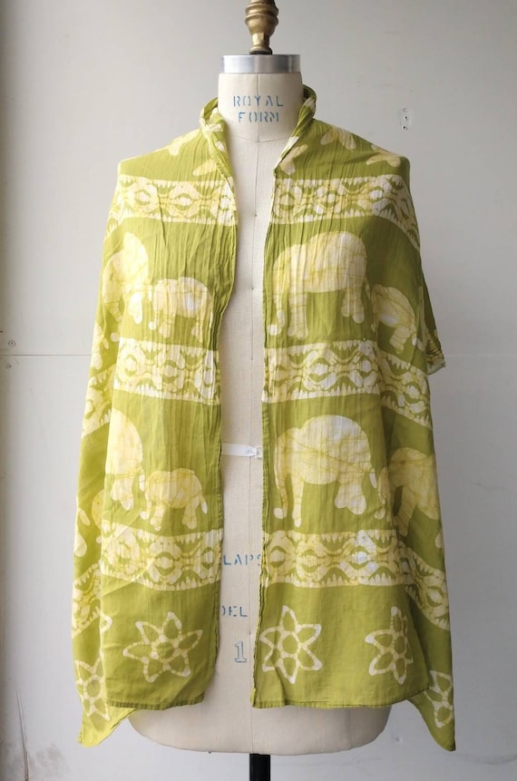 Green cotton elephant print batik scarf large shaw