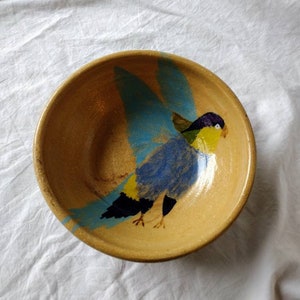 Könnte beinhalten: Eine Keramikschüssel mit handbemaltem Design eines blauen, gelben und schwarzen Vogels auf hellblauem Hintergrund.