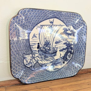 Seven lucky gods Japanese large platter sometsuke blue white transfer ware rectangular 11 x 13 inch