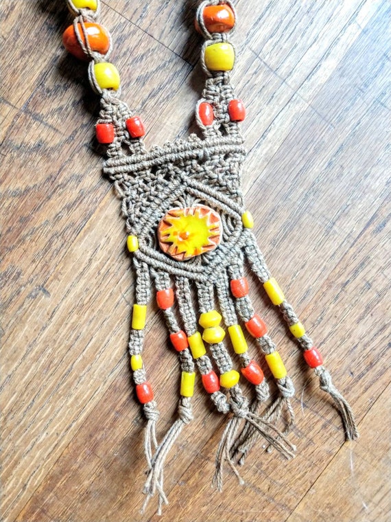Macrame statement necklace 70's orange beaded han… - image 3